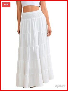 Women's Flowy Tiered Maxi Skirt A-Line Gingham Floral Smocked Waist Pockets